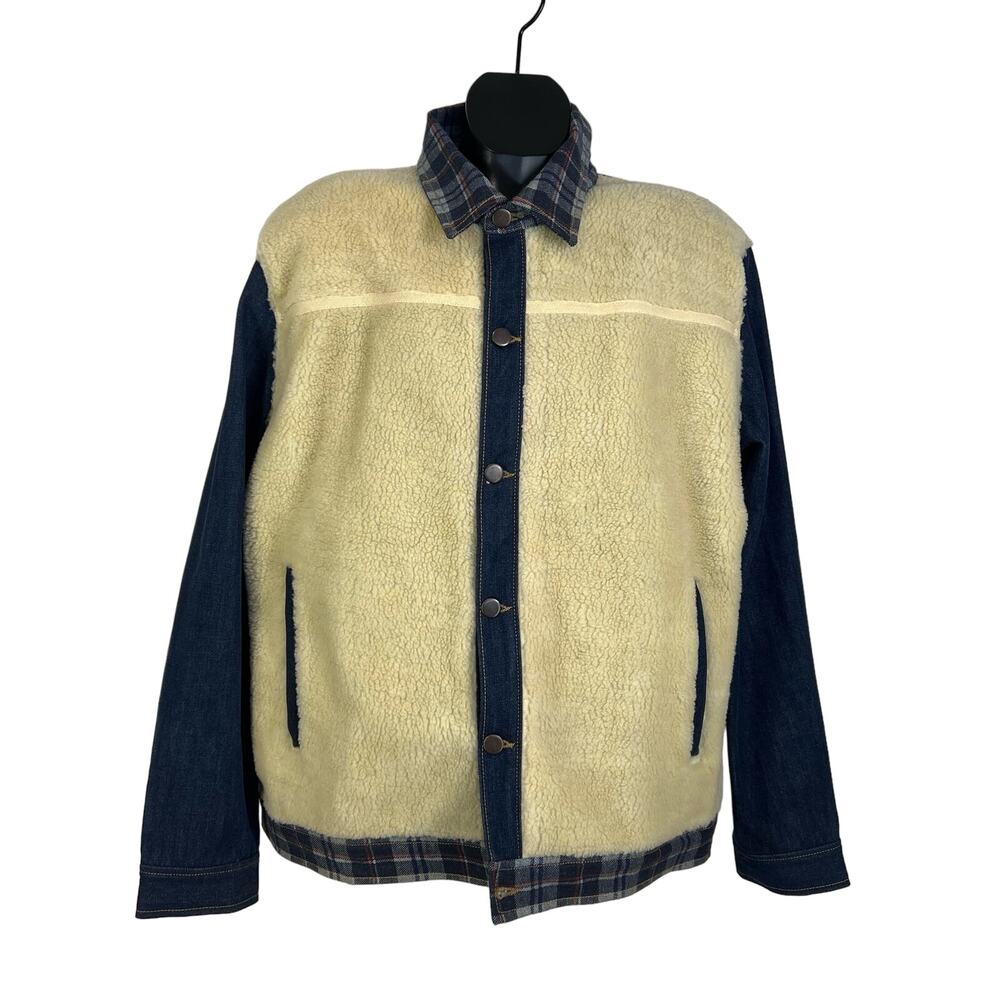 Sun + Stone Plaid Sherpa Denim Jacket Blue Ivory